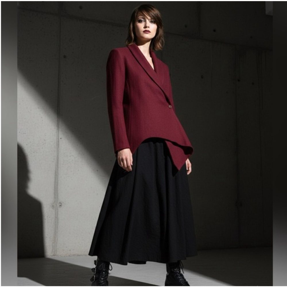 ** JNBY 100% Wool Burgundy Asymmetric Drape Front Jacket Size XL/ US L